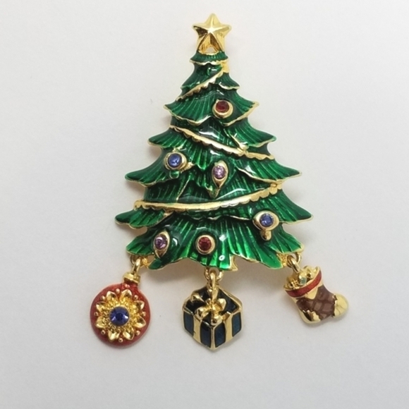 Vtg Christopher Radko Christmas Tree Pin Brooch Signed Dangle Enamel Rhinestone - Picture 9 of 9